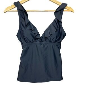 DKNY Womens S Tankini Top Black Ruffle‎ UPF SPF Protection Stretch Soft Cup New